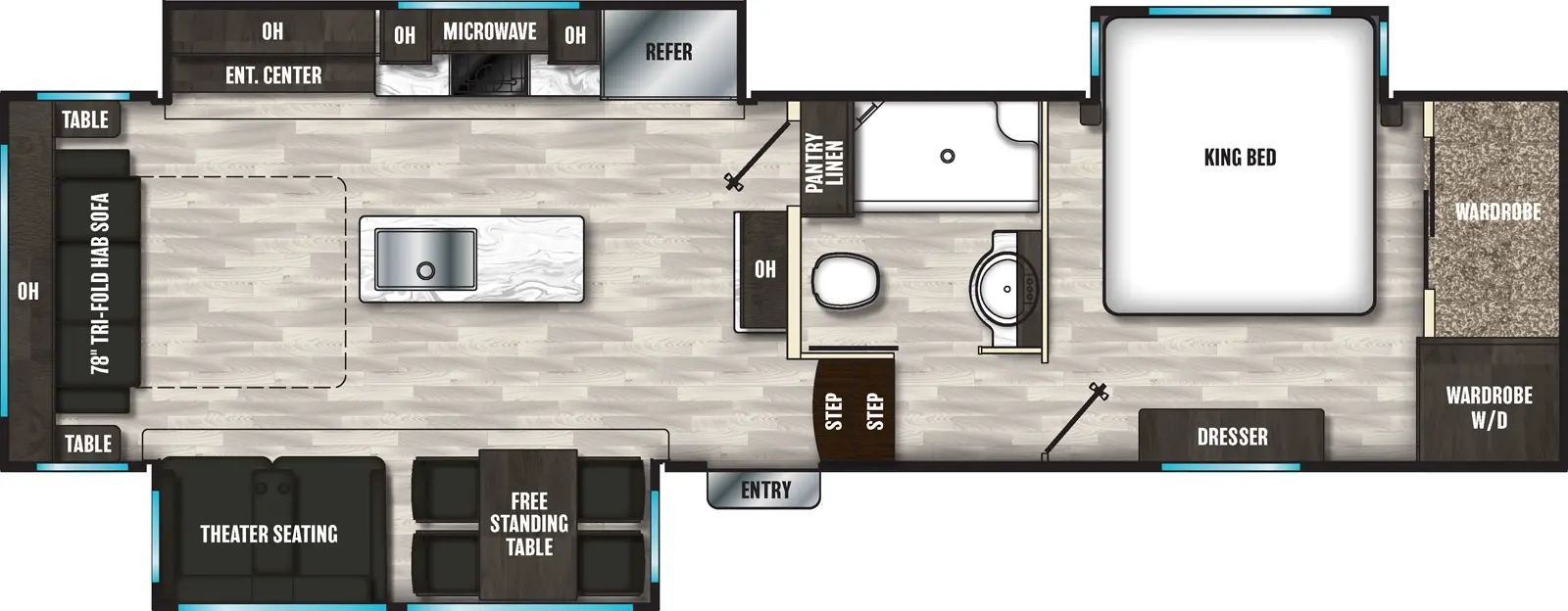 The 290RL has three slide outs and one entry. Interior layout front to back: front bedroom with off-door side king bed slideout, front wardrobe with washer and dryer, and door side dresser; off-door side full bathroom; overhead cabinet and pantry/linen closet along inner wall; door side slide out containing free standing table, and theater seating; off-door side slide out containing refrigerator, kitchen counter, microwave, overhead cabinets, and entertainment center with overhead cabinet; kitchen island with sink; and rear tri-fold hide-a-bed sofa with side tables and overhead cabinet.